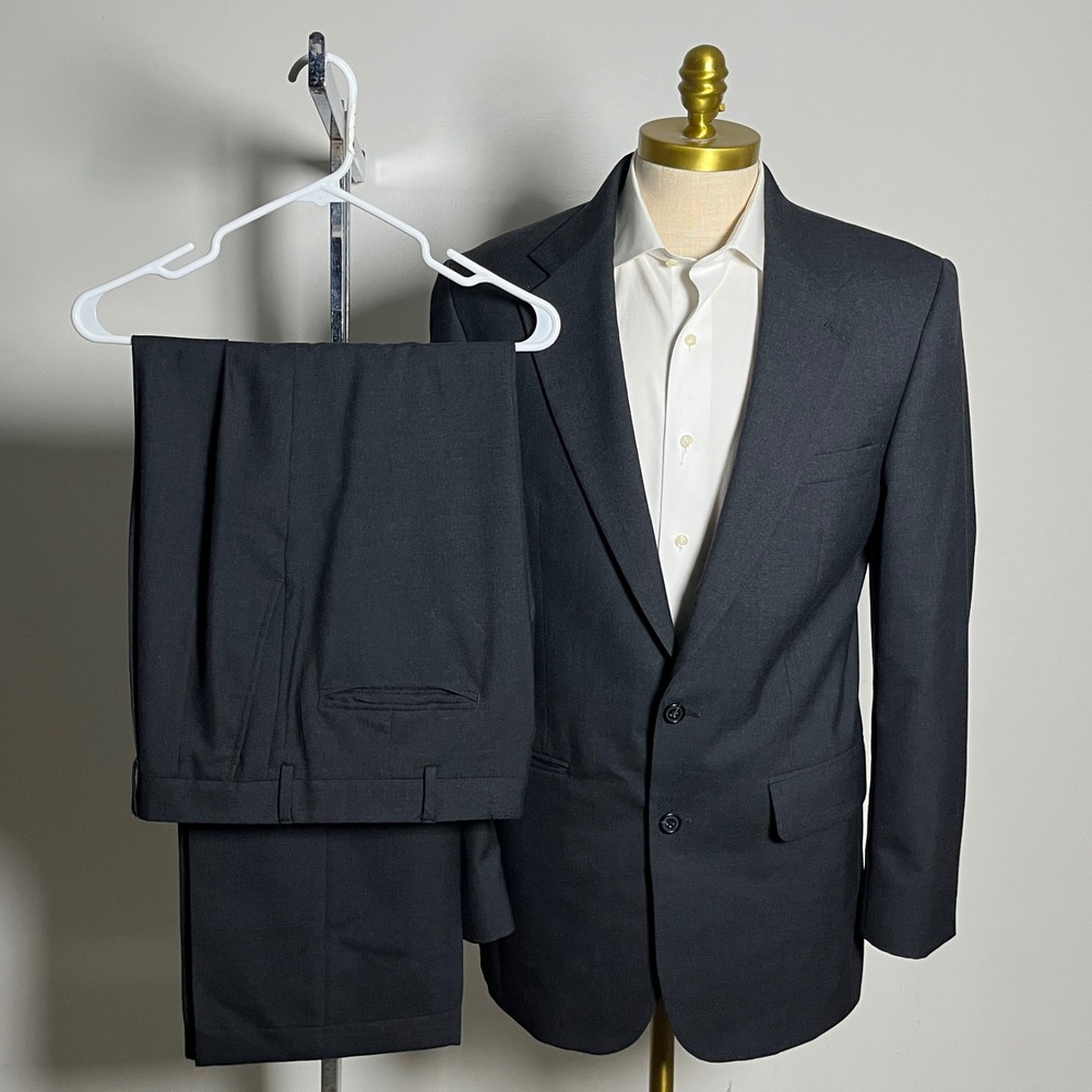 Cricketeer Suit Mens 40L W34 Charcoal Grey Solid 100% Wool Two-Button Formal